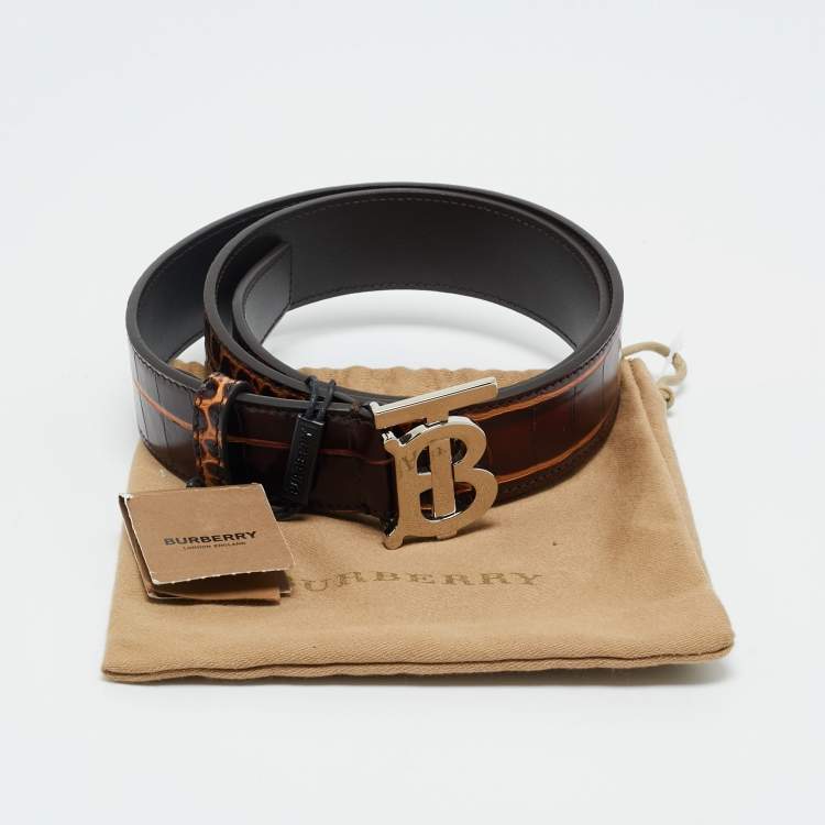 Pre Owned Burberry Brown Croc Embossed Leather TB Buckle Belt 80CM