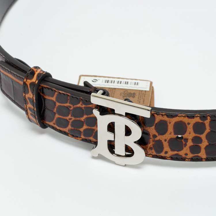 Pre Owned Burberry Brown Croc Embossed Leather TB Buckle Belt 80CM
