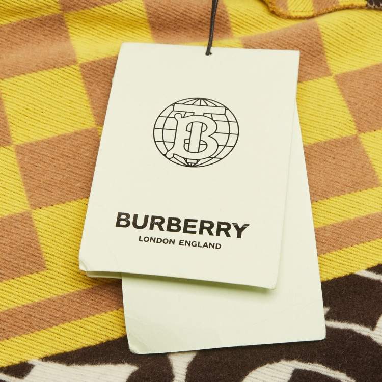 Pre Owned Burberry Yellow/Brown Wool Text Checkerboard Football Scarf