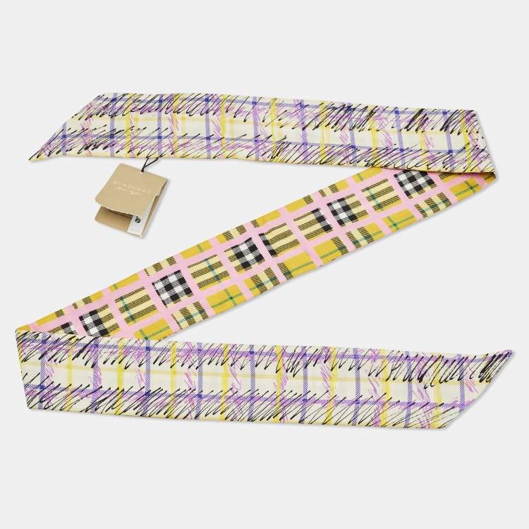 Pre Owned Burberry Yellow/Brown Checked Silk Bandeu Scarf