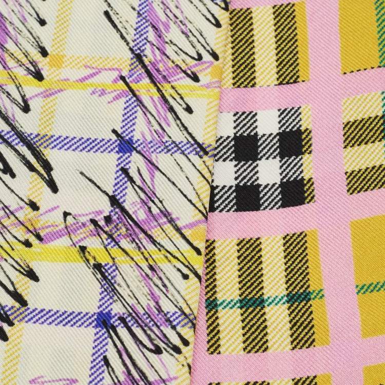 Pre Owned Burberry Yellow/Brown Checked Silk Bandeu Scarf