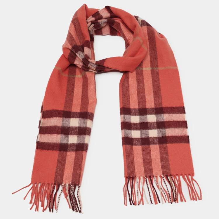 Pre Owned Burberry Clay Sienna Giant Check Cashmere Fringed Stole