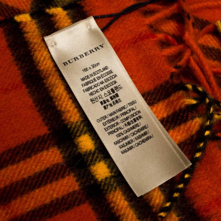 Pre Owned Burberry Orange Classic Vintage Check Cashmere Scarf