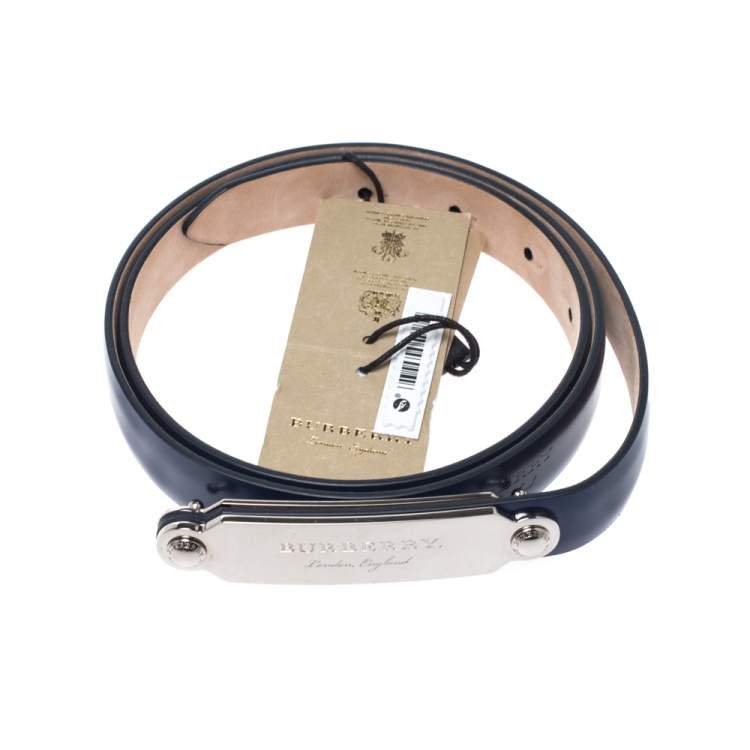 Pre Owned Burberry Blue Leather Reese Slim Belt 85CM