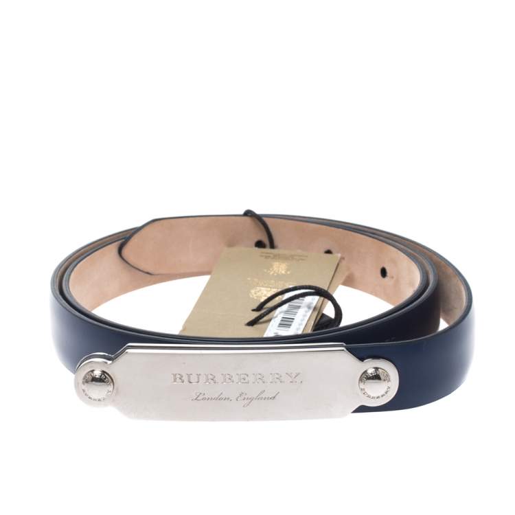Pre Owned Burberry Blue Leather Reese Slim Belt 85CM