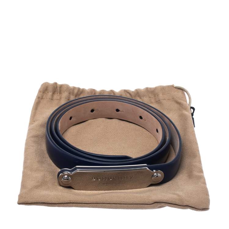 Pre Owned Burberry Blue Leather Reese Slim Belt 85 CM
