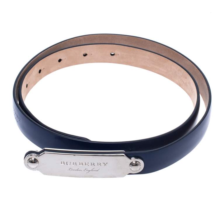Pre Owned Burberry Blue Leather Reese Slim Belt 85 CM