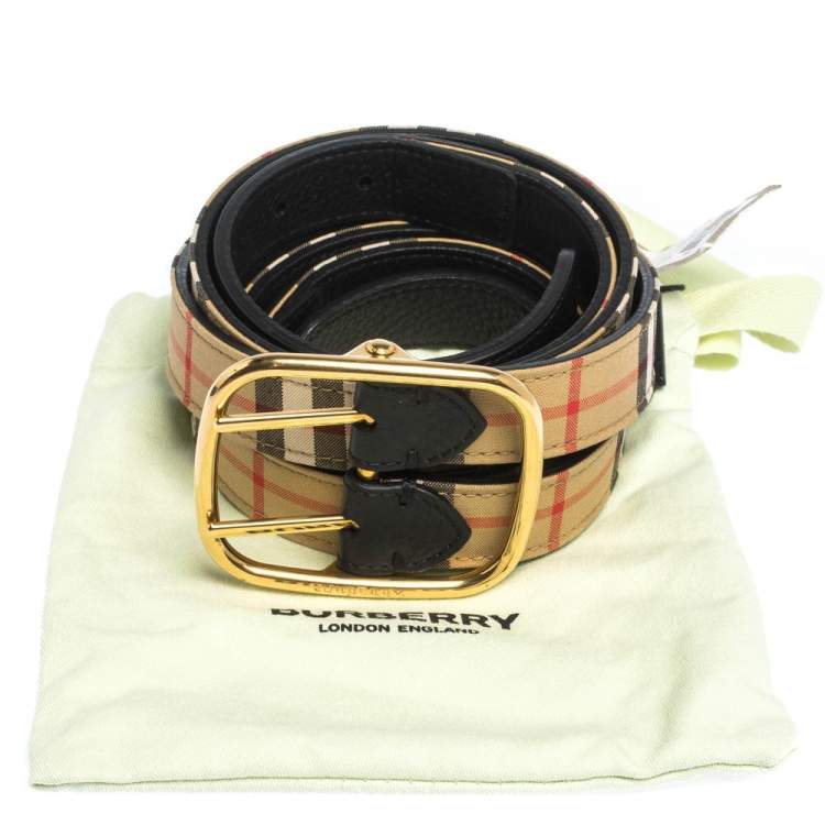 Pre Owned Burberry Beige/Black House Check Canvas and Leather Lynton Double Strap Belt 90CM