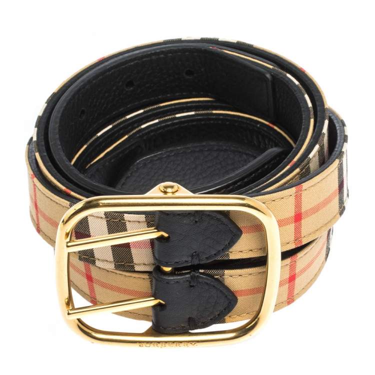 Pre Owned Burberry Beige/Black House Check Canvas and Leather Lynton Double Strap Belt 90CM