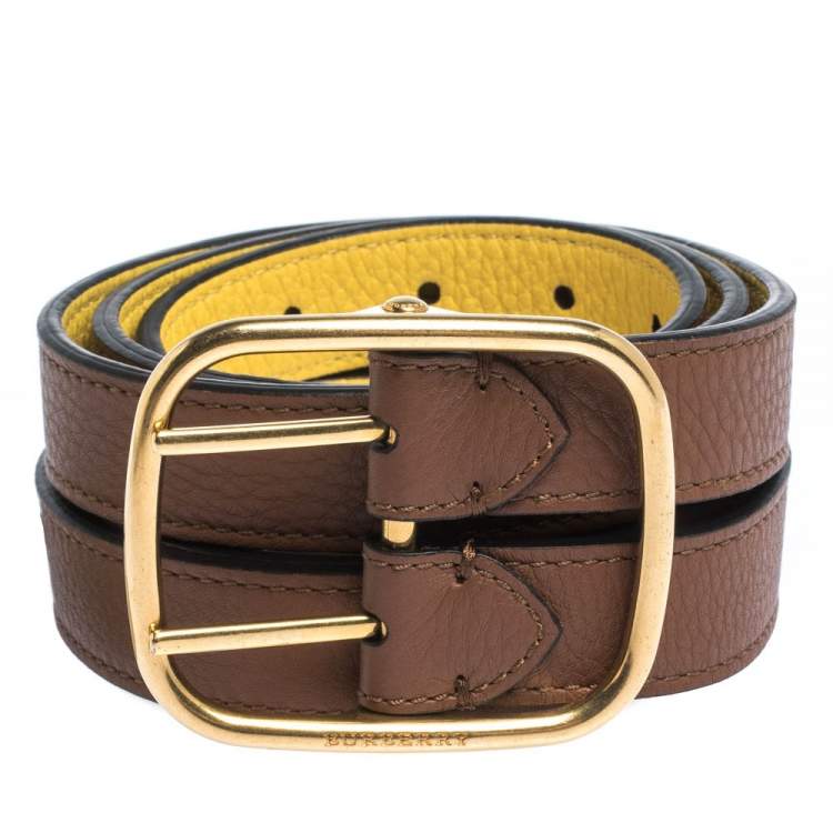 Pre Owned Burberry Brown/Yellow Leather Lynton Double Strap Belt 80CM