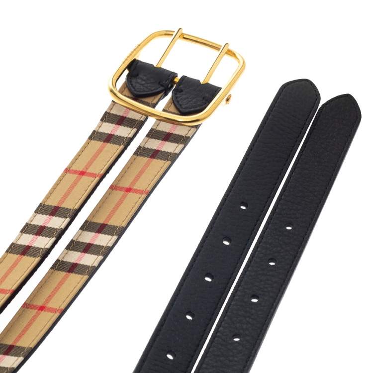 Pre Owned Burberry Black/Beige House Check Canvas and Leather Lynton Double Strap Belt 85CM