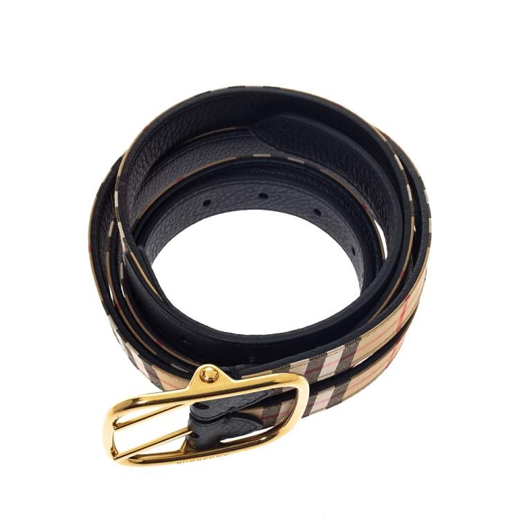 Pre Owned Burberry Black/Beige House Check Canvas and Leather Lynton Double Strap Belt 85CM
