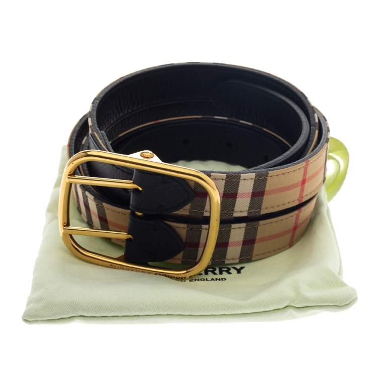 Pre Owned Burberry Black/Beige House Check Canvas and Leather Lynton Double Strap Belt 85CM