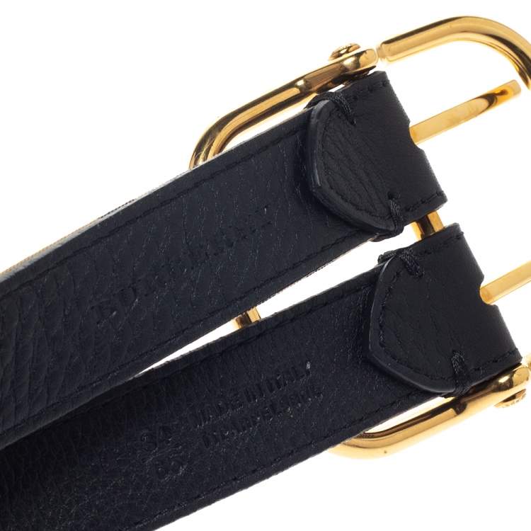 Pre Owned Burberry Black/Beige House Check Canvas and Leather Lynton Double Strap Belt 85CM