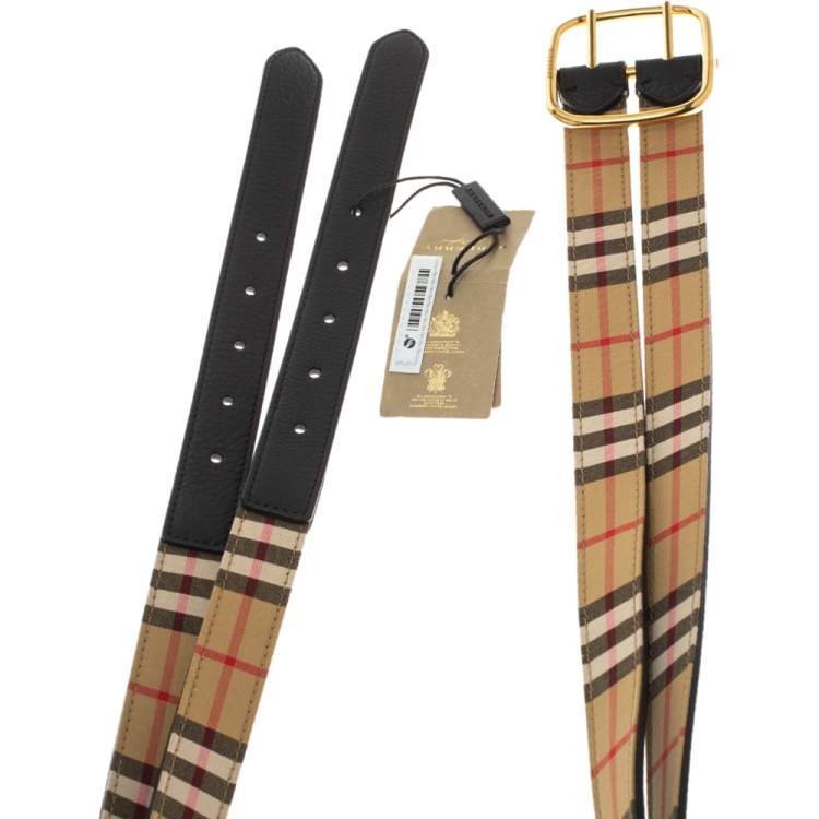Pre Owned Burberry Beige/Black House Check Fabric and Leather Lynton Double Strap Belt 90CM