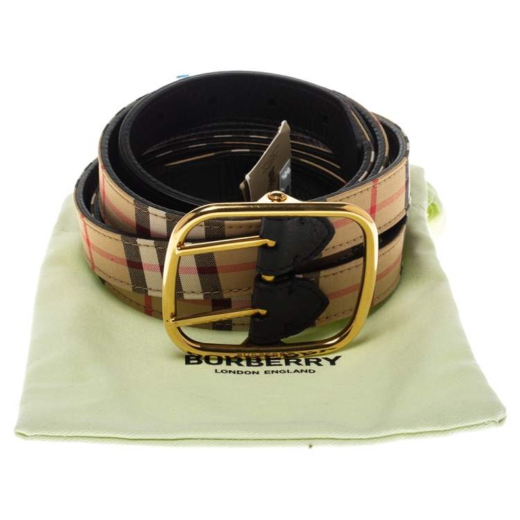Pre Owned Burberry Beige/Black House Check Fabric and Leather Lynton Double Strap Belt 90CM
