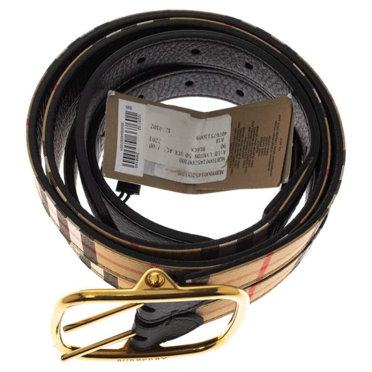Pre Owned Burberry Beige/Black House Check Fabric and Leather Lynton Double Strap Belt 90CM