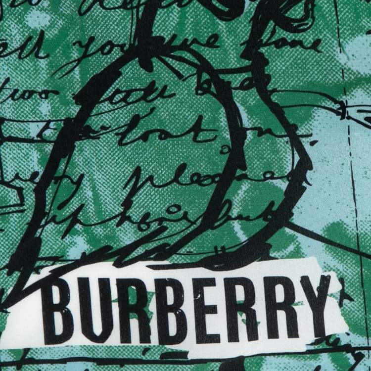 Pre Owned Burberry Mineral Blue Postcard Printed Silk Triangular Scarf/Wrap