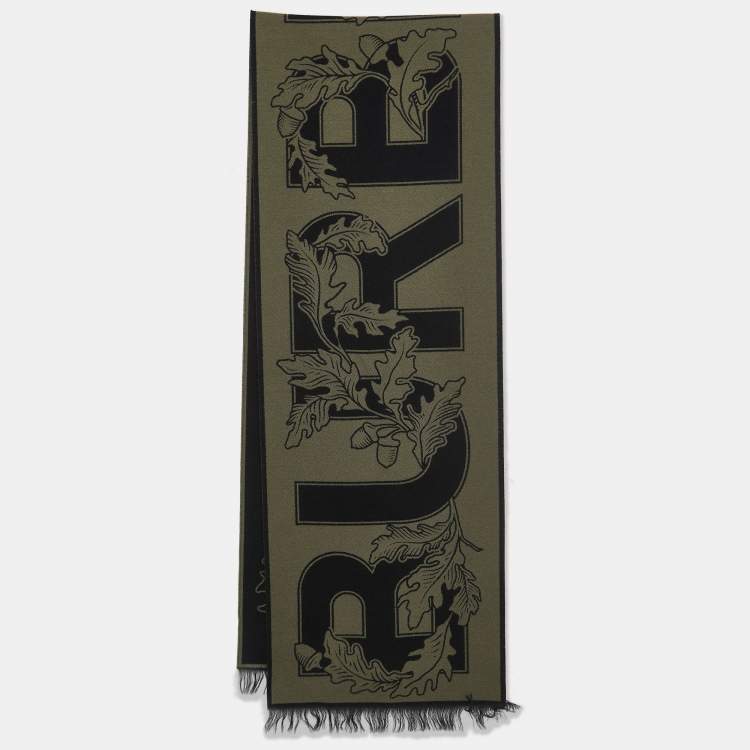 Pre Owned Burberry Fern Green Logo Oak Leaf Wool & Silk Football Scarf