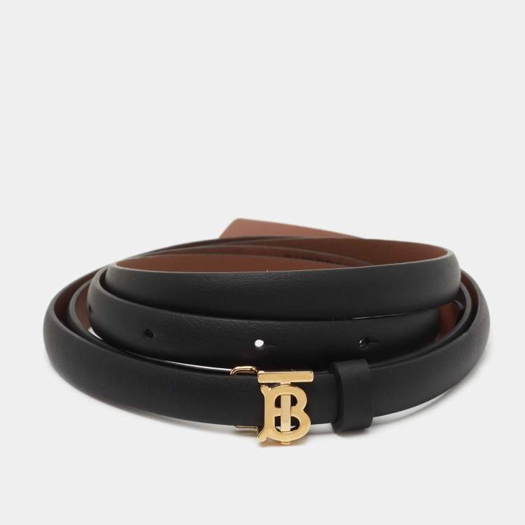 Pre Owned Burberry Black/Brown Leather TB Logo Slim Reversible Belt L