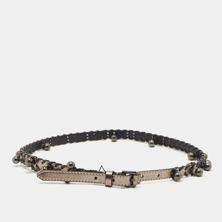 Pre Owned Burberry Gun Metal Leather Embellished Seabrook15 Skinny Belt 80CM