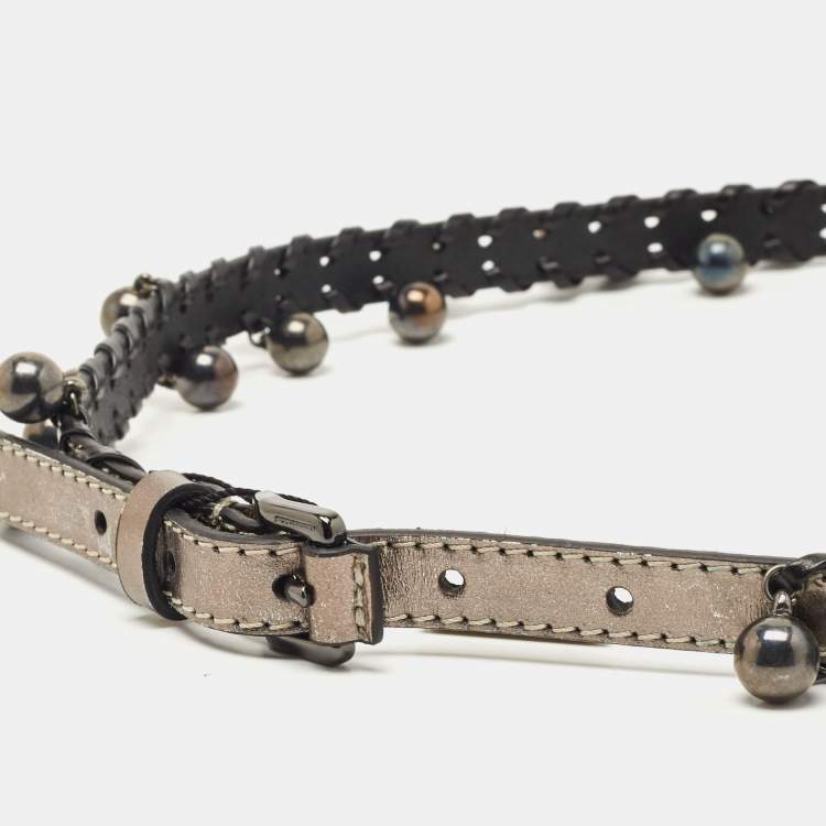 Pre Owned Burberry Gun Metal Leather Embellished Seabrook15 Skinny Belt 80CM