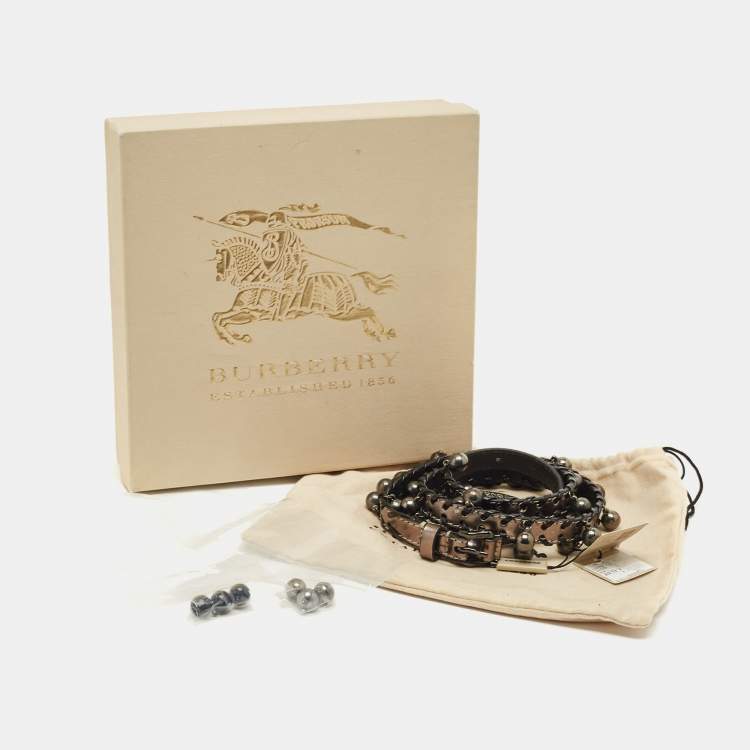Pre Owned Burberry Gun Metal Leather Embellished Seabrook15 Skinny Belt 80CM