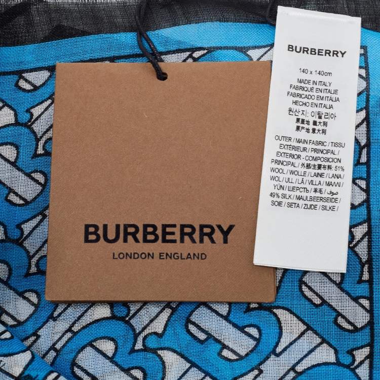 Pre Owned Burberry Blue Monogram Printed Silk & Wool Scarf