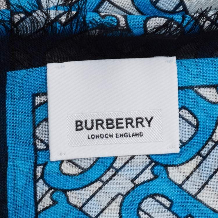 Pre Owned Burberry Blue Monogram Printed Silk & Wool Scarf