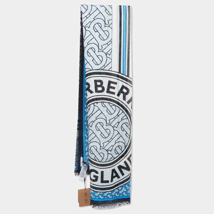 Pre Owned Burberry Blue Monogram Printed Silk & Wool Scarf
