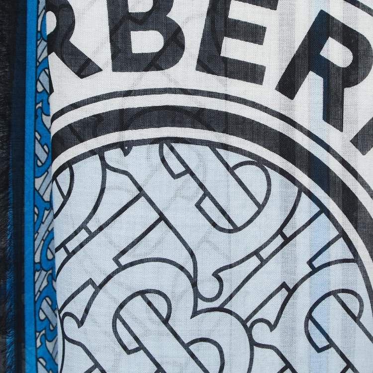 Pre Owned Burberry Blue Monogram Printed Silk & Wool Scarf