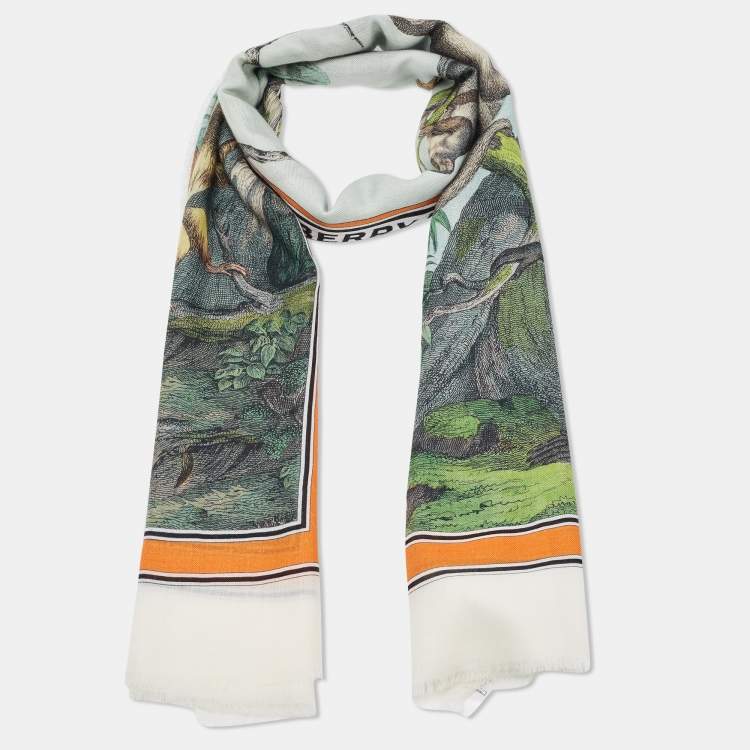 Pre Owned Burberry Opal Green Monkey Print Cashmere Stole