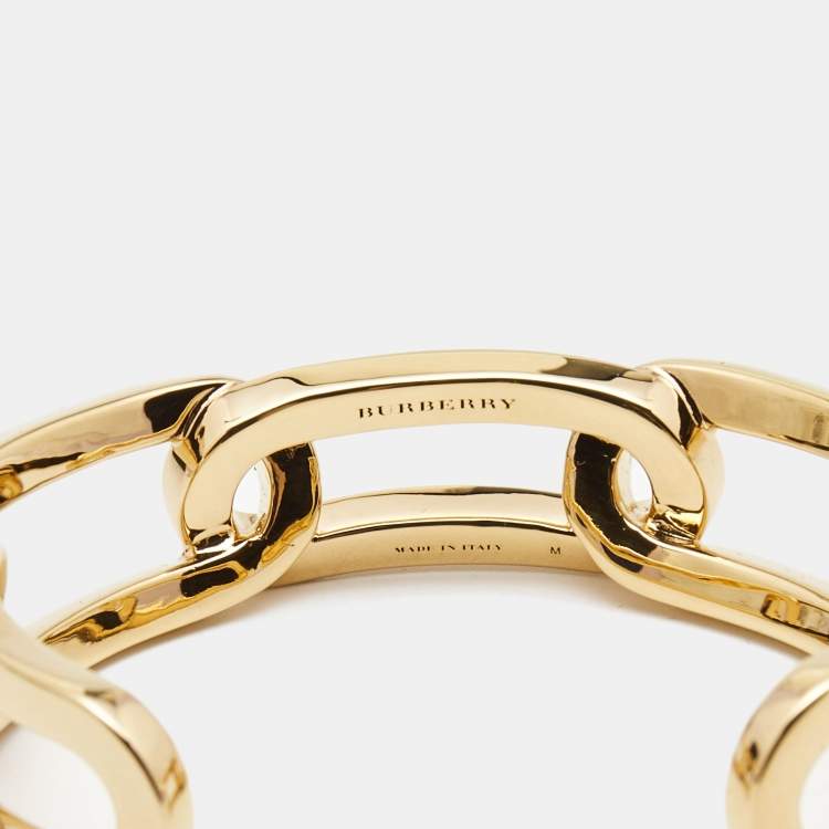 Pre Owned Burberry Chain Link Motif Gold Tone Open Cuff Bracelet M
