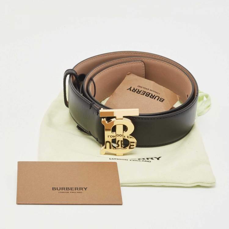 Pre Owned Burberry Black Leather TB Logo Buckle Belt S