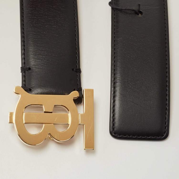 Pre Owned Burberry Black Leather TB Logo Buckle Belt S
