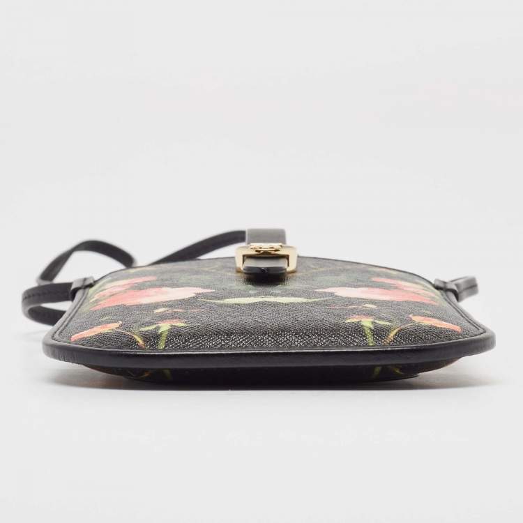 Pre Owned Burberry Black Floral Print Coated Canvas Anne Phone Pouch with Strap