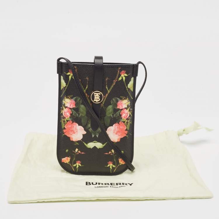 Pre Owned Burberry Black Floral Print Coated Canvas Anne Phone Pouch with Strap