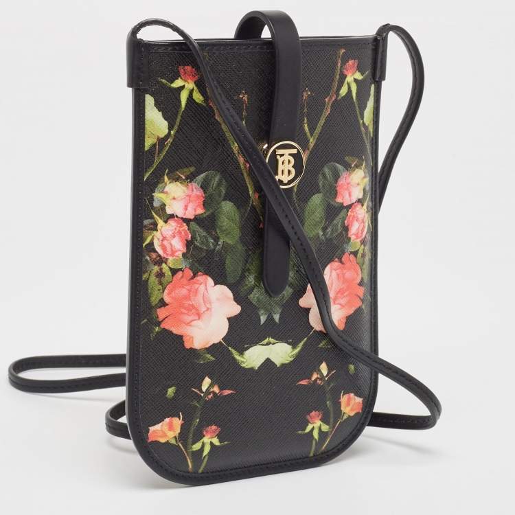 Pre Owned Burberry Black Floral Print Coated Canvas Anne Phone Pouch with Strap