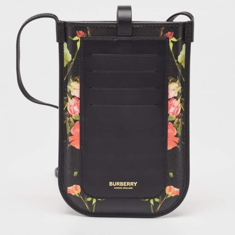 Pre Owned Burberry Black Floral Print Coated Canvas Anne Phone Pouch with Strap