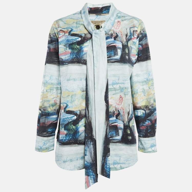 Pre Owned Burberry Multicolor Cotton Tie-Up Neck Full Sleeve Top M