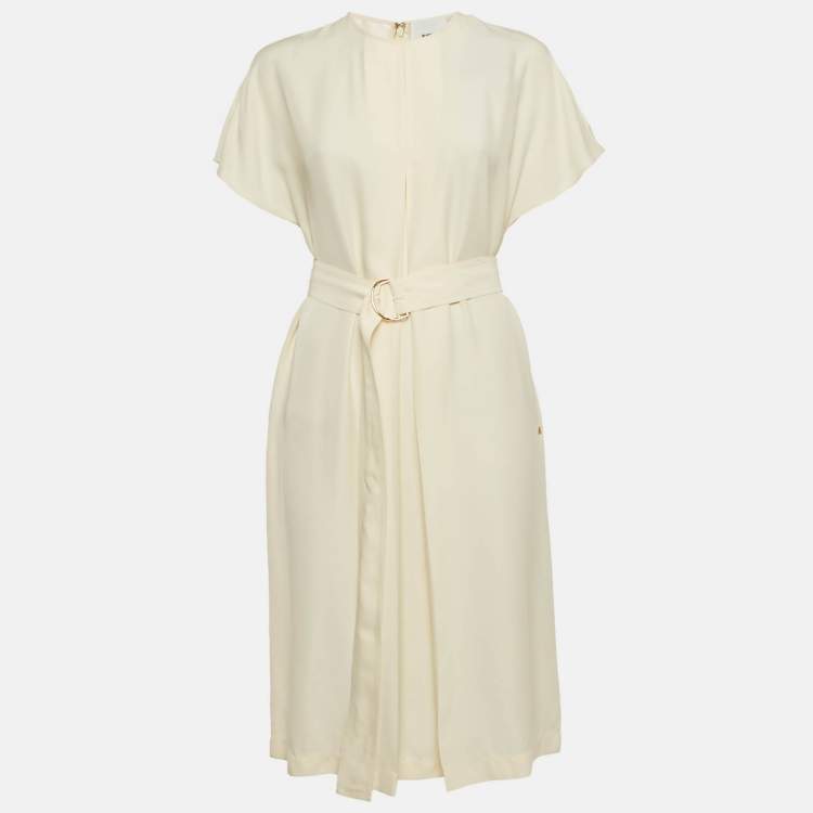 Pre Owned Burberry Off-White Crepe Belted Midi Dress S