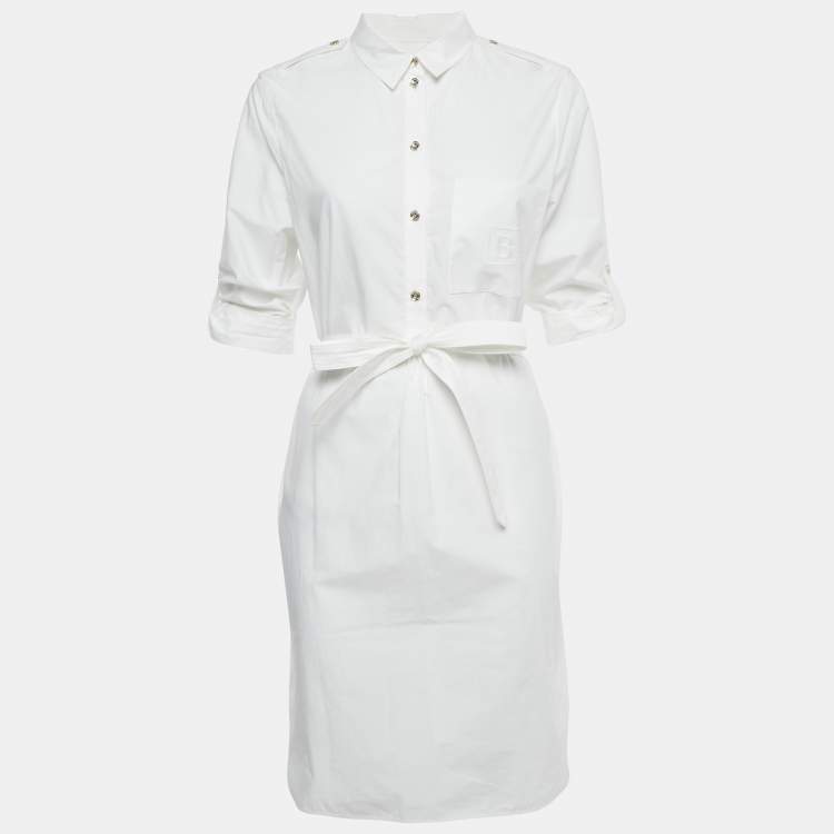 Pre Owned Burberry White Cotton Belted Mini Dress M