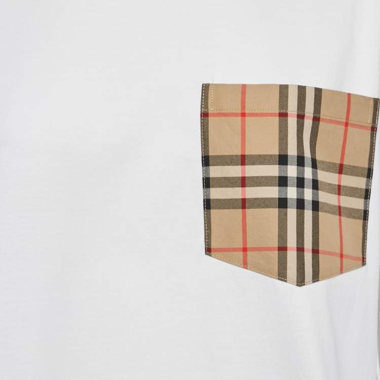 مملوكة مسبقًا Burberry White Cotton Carrick Check Pocket Detail Oversized T-Shirt XS
