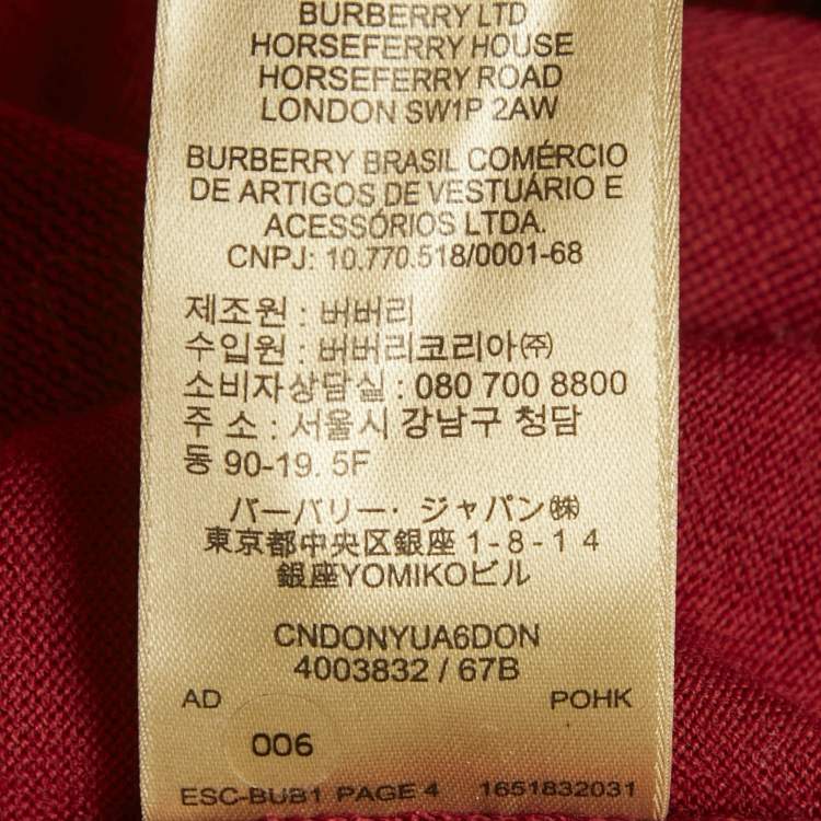 Pre Owned Burberry Red Merino Wool Knit Elbow Patch Sweater XS