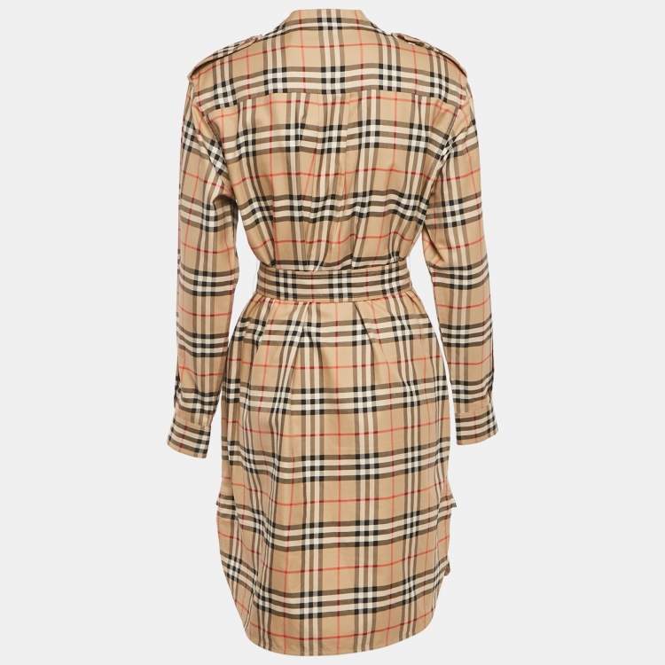 Pre Owned Burberry Beige Check Print Cotton Belted Short Dress M