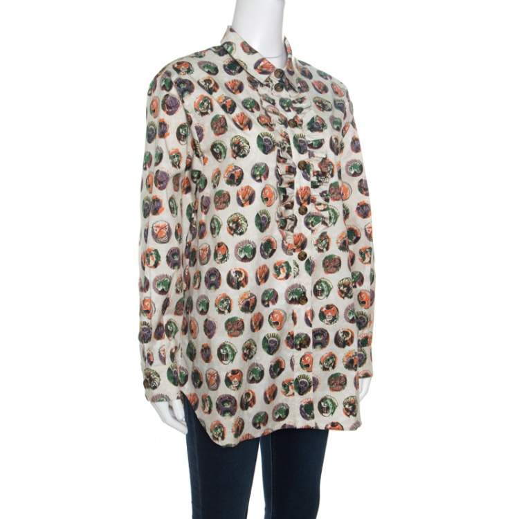 مملوكة مسبقًا Burberry Beige Monster Mask Print Ruffle Detail Shirt L