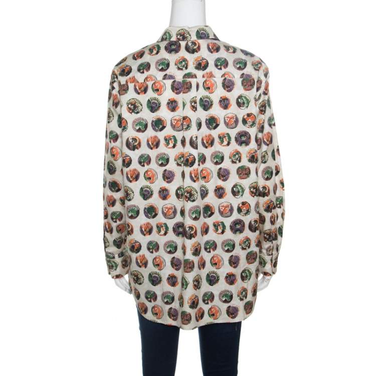 مملوكة مسبقًا Burberry Beige Monster Mask Print Ruffle Detail Shirt L