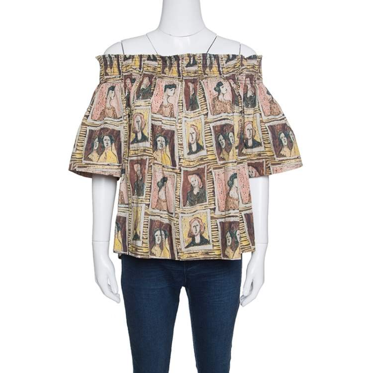 Burberry Umber Brown Framed Heads Printed Cotton Off Shoulder Top L Burberry  | TLC