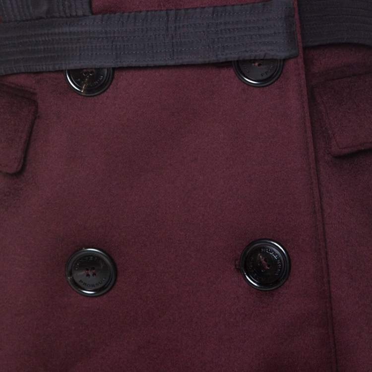 Pre Owned Burberry Prorsum Black Cherry Cashmere Detachable Fur Collar Trench Coat L
