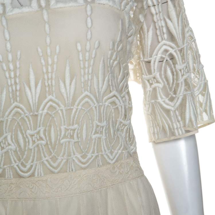 Pre Owned Burberry Cream Lace Short Sleeve Maxi Dress L